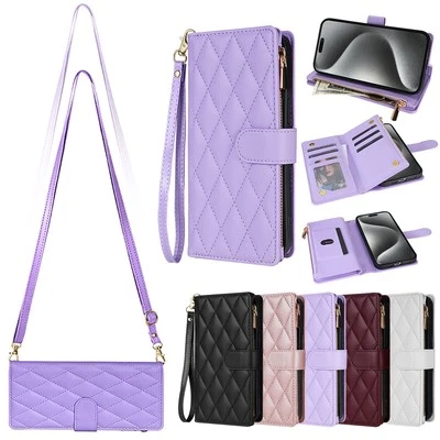 Case for iPhone 16E 17 15 14 13 12 Mini 11 ProMax Zip Wallet Leather Strap Cover - Image 1 of 4