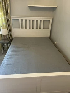 IKEA White Malm Double Bed Frame with Hovag Mattress and Luroy Slatted Base - Picture 1 of 8