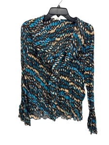 Nicola Women's Sheer Blouse Medium Black Blue Geometric Top Retro Career - Picture 1 of 7