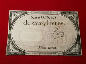 ASSIGNAT 5 Cinq LIVRES / 10 Brumaire l'an 2 1793 / Série 27721 / signé FAURE - Picture 1 of 2
