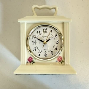 VINTAGE INGRAHAM PORCELAIN MANTEL DESIGN QUARTZ BATTERY CLOCK , ROSES AND HANDLE - Picture 1 of 7
