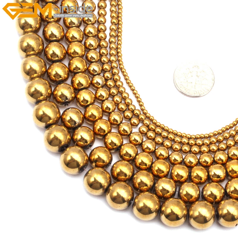 Metallic Coated Hematite Stone Spacer Gold Beads For Jewelry Making 15" Round - Image 1 of 4