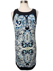 AB Studio Womens Dress Black Blue White Sleeveless LARGE Reto 60's Stretch - Picture 1 of 9