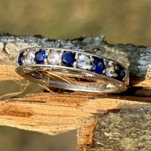 Anillo Zafiro Eternidad Plata Esterlina .925 Talla 6.5 Azul y Blanco Media Banda - Imagen 1 de 21