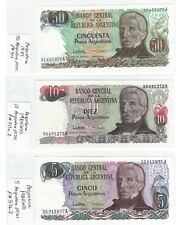 Argentina Currency 1984 5 Pesos, 1984 10 Pesos, 1985 50 Pesos in UNC Banknotes