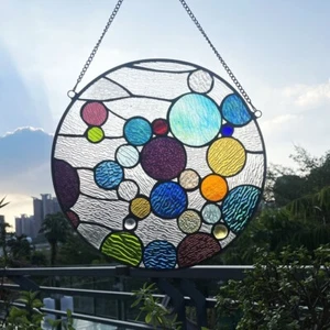 Pannello finestra tondo stile Tiffany vetro colorato alto 13" BOLLE design geometrico - Foto 1 di 6