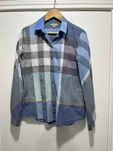 Burberry Brit Women’s Plaid Button Down Blouse Blue Gray Flaw - Picture 1 of 8