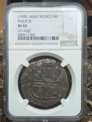 MEXICO Mo F  SPANISH COLONIAL 8 REALES COB PHILIP II  NGC XF-45    - Image 1 of 4