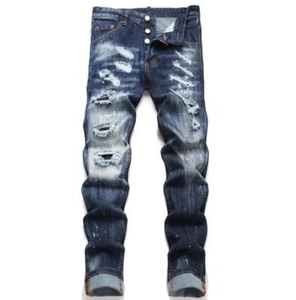 Pantalones de mezclilla para hombre azul oscuro agujeros rasgados pantalones abotonados pantalones punk hip hop - Imagen 1 de 9