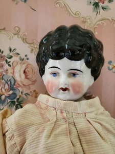 16" Antique Hertwig 1890s Low Brow Turned China Shoulderhead Doll cloth body - Picture 1 of 14