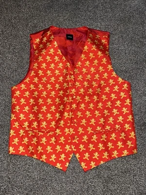 NWOT Mens Dobell Waistcoat, Size Large, Red, Gingerbread Design, Christmas, (G2) - Image 1 of 4