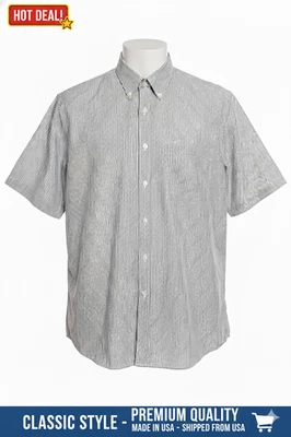 GEOFFREY BEENE Dress Shirt Men's Size 18.5 Big White Blue Striped Short Sleeve - Image 1 of 4