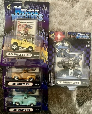 Muscle Machines 40/41 Willys PU, Qty 4, Colors Yellow, Gold, Teal, 1 police - Image 1 of 4