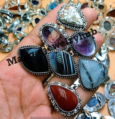 Lote de 10 piezas de anillos étnicos enchapados en plata 925 de ónix negro y mezcla de piedras preciosas Foto 1 de 4