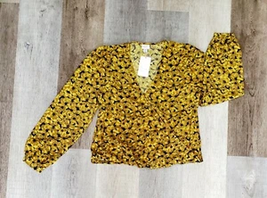 A New Day Women's Gold Floral Print Puff Long Sleeve Wrap Top X-Small, New - Picture 1 of 9
