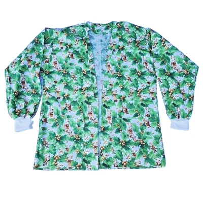 Women's Green Leaf & Santa Print 100% Cotton Open Front Scrub Jacket Top Sz M - Image 1 of 4