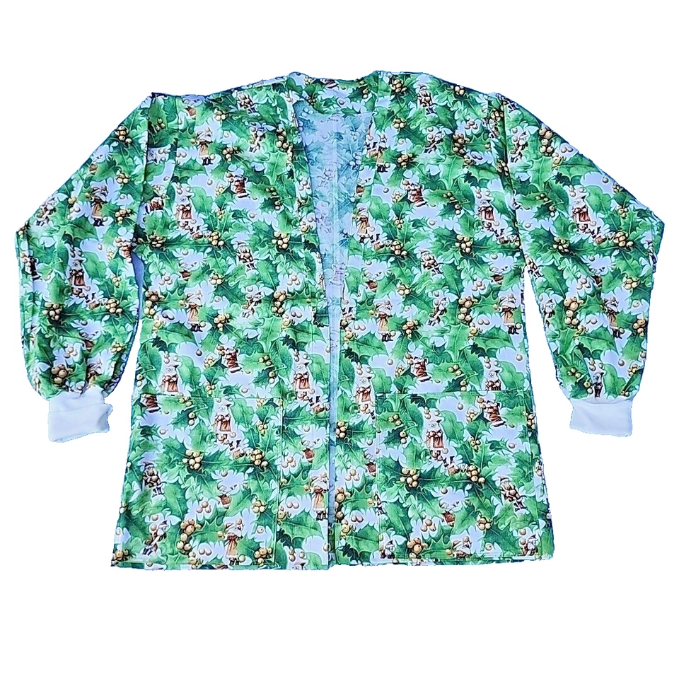 Women's Green Leaf & Santa Print 100% Cotton Open Front Scrub Jacket Top Sz M - Image 1 of 4