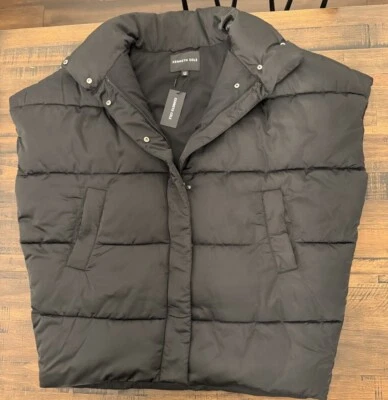 Kenneth Cole Puffer Vest Womens L/XL Black Zip Snap Stand Up Neck NWT $139 - Image 1 of 4