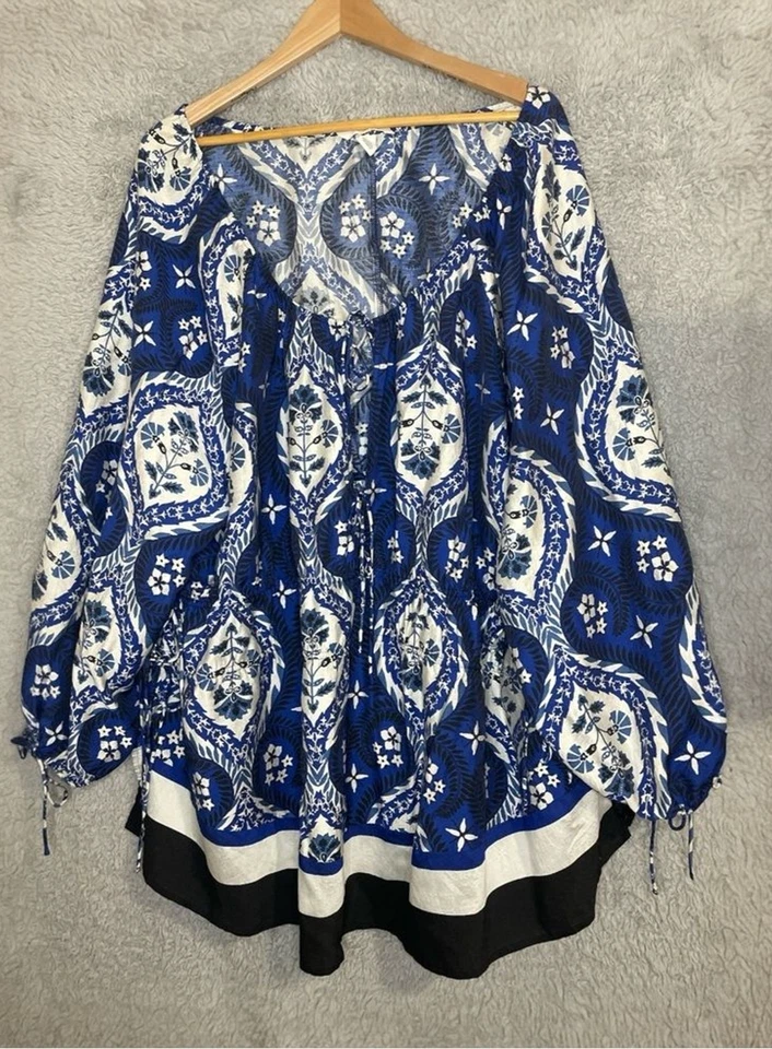 Womens Blouse 4XL Blue Floral Boho Folk Festival Relaxed Fit Flowy Free Spirit - Image 1 of 4