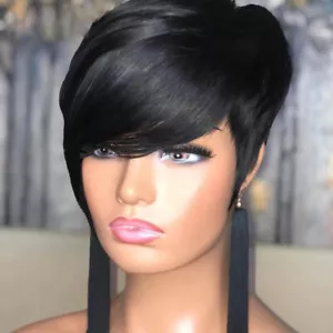 Pelucas cortas de cabello humano real peruano recto corte pixie negras hechas a máquina - Imagen 1 de 12