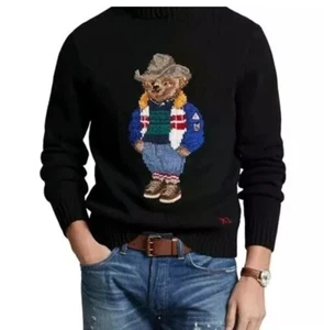 Polo Ralph Lauren Cowboy Hat Bear Knit Wool Sweater 710931729001 Black Sz XXL - Picture 1 of 1