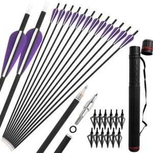 12X 30'' Archery Carbon Arrows Arrowheads Quiver Compound Recurve Bow Hunting - Picture 1 of 14