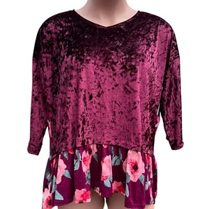 Dazzle Up Velvet Floral Pullover Top 3X Burgundy Pink Hi-Lo Flowy Gypsy Boho - Picture 1 of 13
