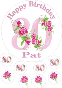 80th Birthday Roses 7.5 Inch Round Iced Icing Cake Topper + 8 cupcake toppers - Picture 1 of 1