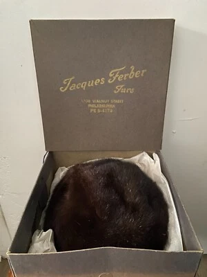 Antiguo sombrero de piel de visón marrón Jacques Ferber Philadelphia con caja original Foto 1 de 4