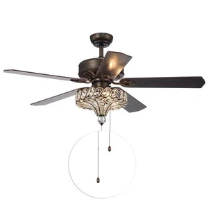 Pilette 5-Blade Antique Speckled Bronze Ceiling Fan Crystal Shade Pull Chain - Picture 1 of 1