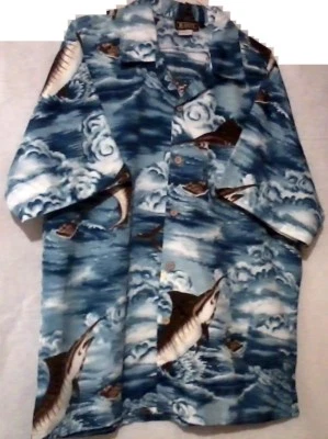 Mens Hawaiian Short Sleeve Shirt Basix Ocean Fish Boat Button Down Large - Image 1 of 4