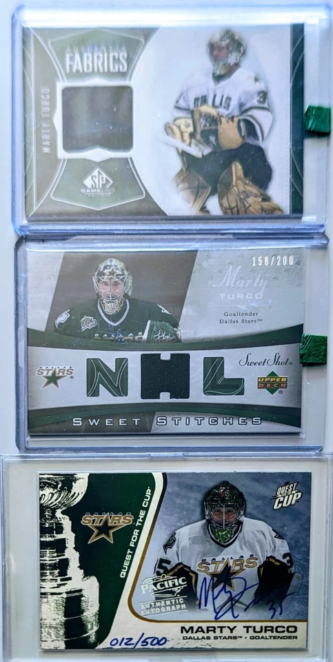 MARTY TURCO AUTOGRAPH SIGNATURE RELIC LOT PACIFIC UPPER DECK SP GAME USED FABRIC - Image 1 of 4