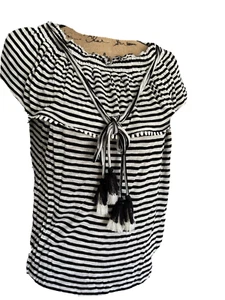 Ann Taylor Womens B&W Striped Beachy Boho Peasant Top Sz PL On or Off Shoulder - Picture 1 of 8