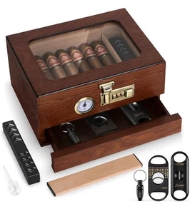 Humidor per sigari, humidor in legno di cedro scatola per sigari, humidor da scrivania con piano in vetro con serratura - Foto 1 di 7