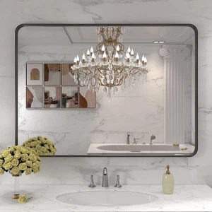 LOAAO 40x32" Matte Black Metal Framed Bathroom Vanity Wall Mirror Modern - Picture 1 of 9