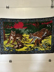 Vintage MCM Tiger Family Wall Hanging Tapestry Felt Made In Turkey 1970s - Picture 1 of 10