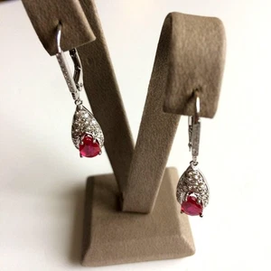 Drop Earrings 18K White Gold Round Diamond Pear Ruby Women Fine Jewelry - Picture 1 of 10
