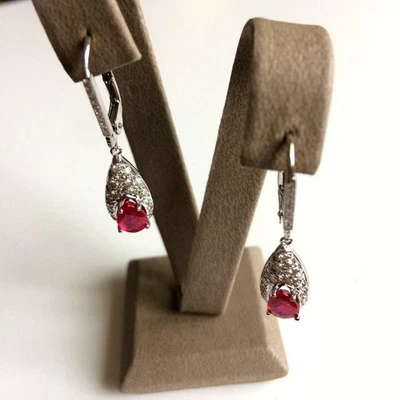 Drop Earrings 18K White Gold Round Diamond Pear Ruby Women Fine Jewelry - Image 1 of 4