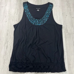 Bay Studio schwarz ärmellos Rundhals verziert blaue Steine Rüschen Tank Shirt - Bild 1 von 10