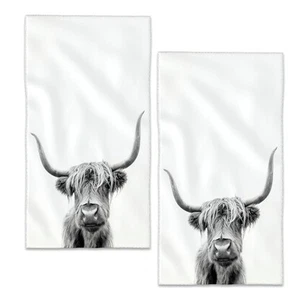 Highland Cow Hand Towels Gray White Bath Towel Set of 2 Soft Kitchen Dish Tow... - Picture 1 of 7