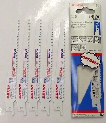 Paquete de 5 hojas de sierra recíprocas bimetálicas Bosch S611VF 6" x 5/7 TPI Suiza Foto 1 de 2