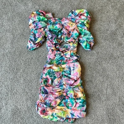 For Love & Lemons Blair Mini Dress Size XS Floral Ruched Bow Colorful Cocktail - Image 1 of 4