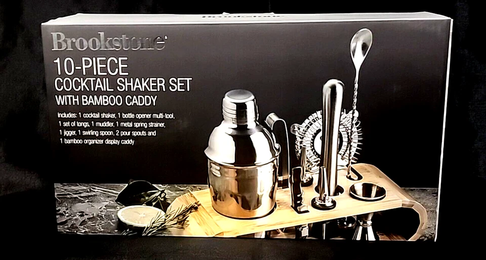 Brookstone 10-piece Cocktail Shaker Set With Bamboo Caddy Muddler Jigger Spoon