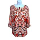 S JM Collection Red Beige Gold Studded Blouse Stretch Paisley Small Boho