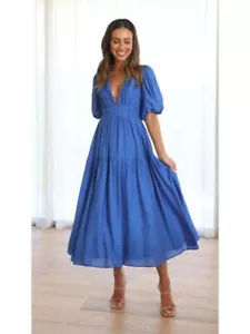 Elegant Women Summer V-Neck Dress with Bubble Sleeves and Cinched Waist, XL, New - Picture 1 of 6