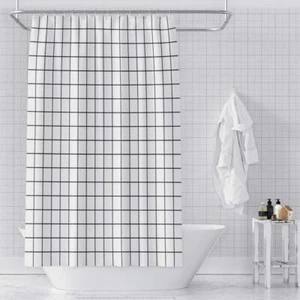 72x72" White Geometric Shower Curtain Black Plaid Stripe Waterproof Fabric - Picture 1 of 4