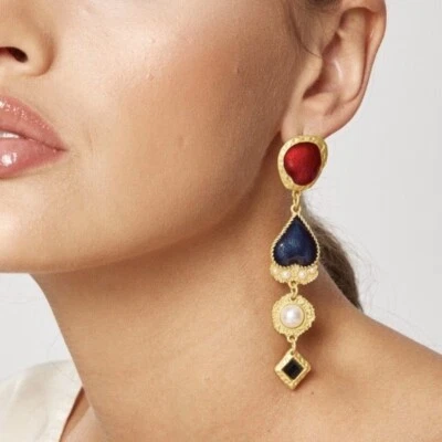 Pendientes colgantes colgantes de cristal esmaltado rojo perla sintética tono dorado mate Foto 1 de 4