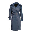 Royal Blue Belt Lambskin Leather Women Stylish Designer Trench Coat Halloween