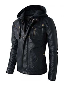 Herren Lederjacke Motorrad Schwarz Slim Fit Biker Echt Lammfell Abnehmbare Kapuze - Bild 1 von 5