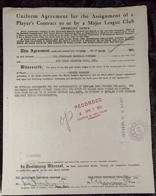 Hank Greenberg & Wm. Starr signed Assignment of Hal Naragon contract, PSA/DNA - Image 1 of 4